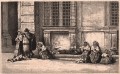 Gravure : Paysans napolitains devant le palais Farnèse à Rome.